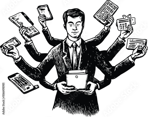 Six armed businessman multitasking metaphor sketch engraving raster illustration. Scratch board imitation. Black and white hand drawn image, Ideal for Stock Vectors.