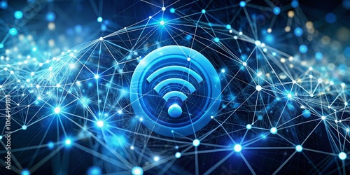 Bokeh Effect: 3D Render of Blue Digital Network with Wireless Logo, Glowing Dots, and Connecting Lines on Dark Background for Technology and Connectivity Concepts