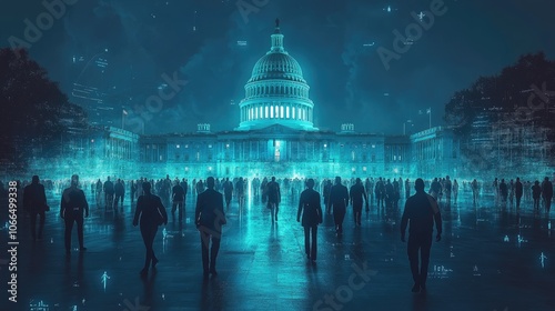 A crowd of people walks towards the US Capitol Building, illuminated by a blue glow, with data streaming around it. photo