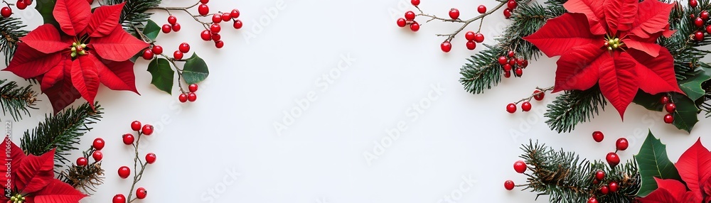 A Christmas Border of Red Poinsettia, Berries, and Pine Branches A Christmas Border of Red Poinsettia, Berries, and Pine Branches