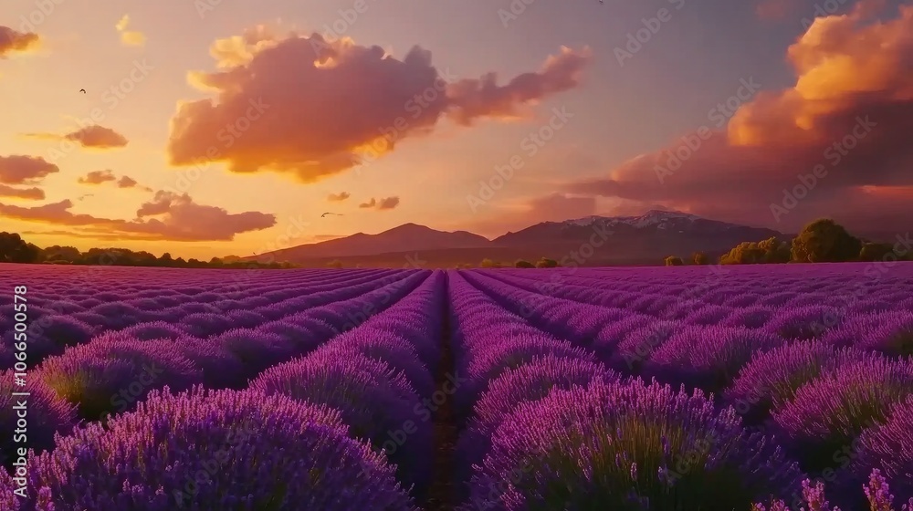 Obraz premium Lavender Fields at Sunset with Mountain Background, Scenic Nature Photography