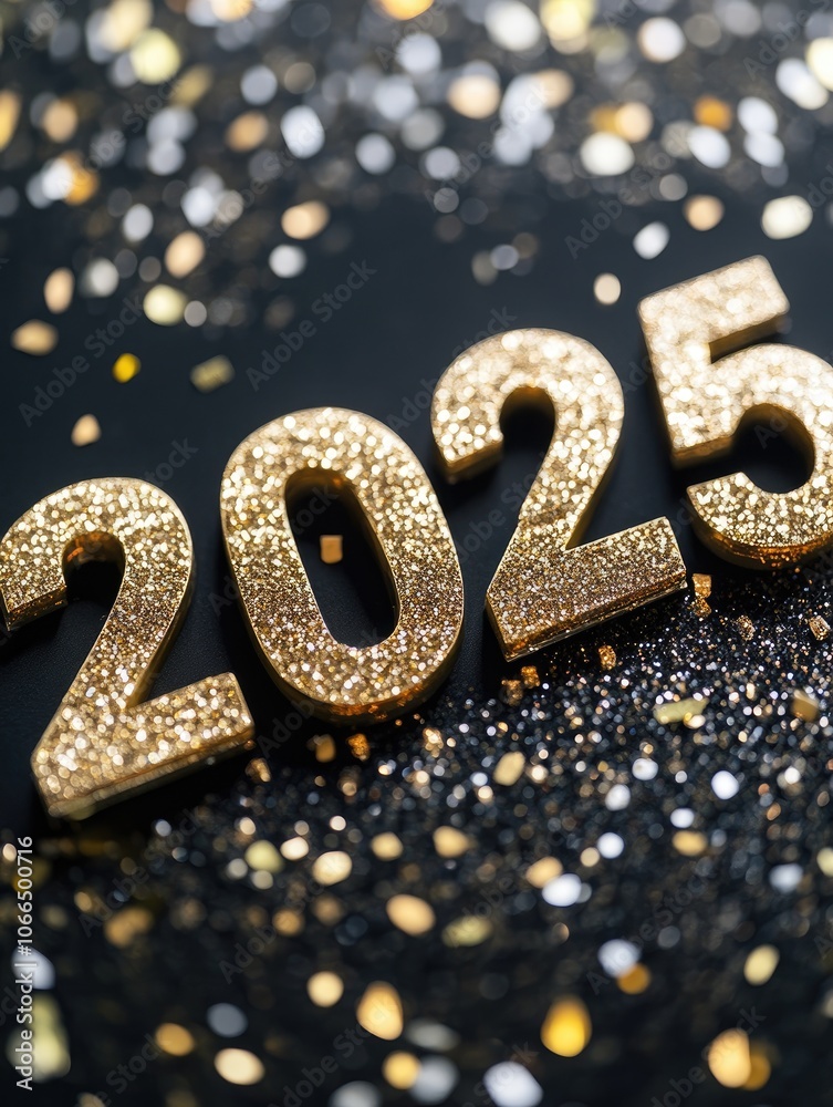 Glittering gold 2025 new year celebration on black background Glittering gold 2025 new year celebration on black background