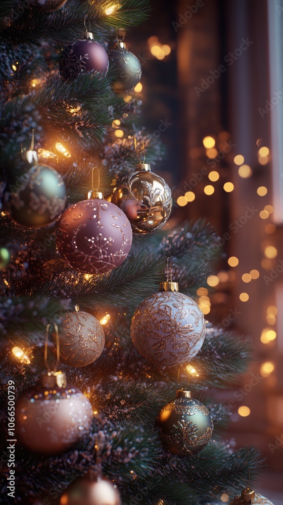 Festive Christmas Tree Decor with Shimmering Baubles and Cozy Lights - made with Generative AI