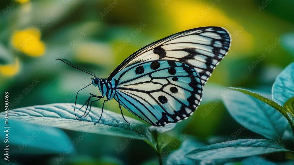 Naklejka premium A beautiful black and white butterfly with white spots rests on a green leaf.