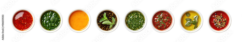 Assorted dipping sauces with herbs, spices, and garnishes in small bowls, flavor variety for culinary dishes, isolated on transparent background for food and cooking themes Assorted dipping sauces with herbs, spices, and garnishes in small bowls, flavor variety for culinary dishes, isolated on transparent background for food and cooking themes
