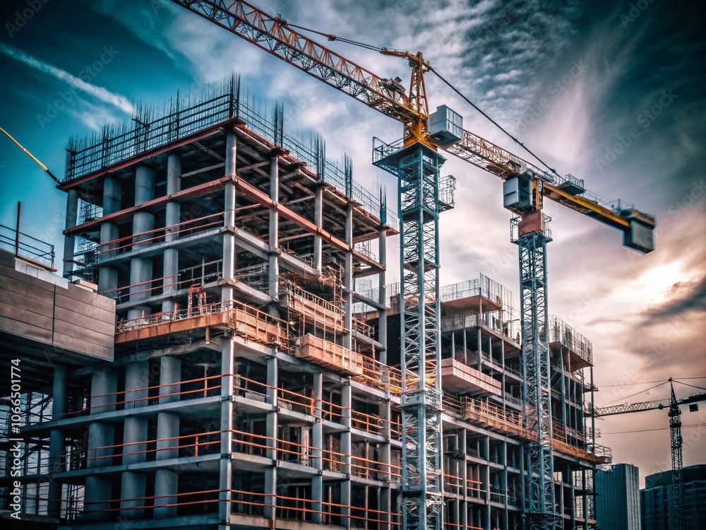 Building Under Construction: Industrial Development at a Construction Site with Engineering Elements, Machinery, and Skyline Views for Urban Growth and Infrastructure Projects Building Under Construction: Industrial Development at a Construction Site with Engineering Elements, Machinery, and Skyline Views for Urban Growth and Infrastructure Projects