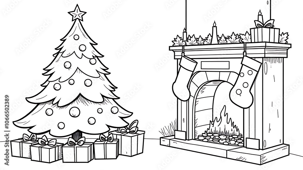 Fototapeta premium Children's coloring Christmas tree, gifts, fireplace, Christmas stocking 