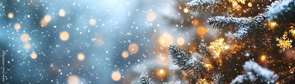 A Snowy Christmas Tree Branch With Warm Lights and a Blurry Background A Snowy Christmas Tree Branch With Warm Lights and a Blurry Background