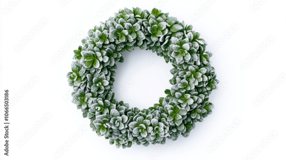 Elegant Snow-Covered Succulent Wreath for Christmas Decor with Delicate Details on White Background Elegant Snow-Covered Succulent Wreath for Christmas Decor with Delicate Details on White Background