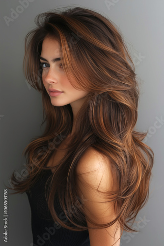 A young woman with long, flowing hair enjoying a relaxed moment indoors