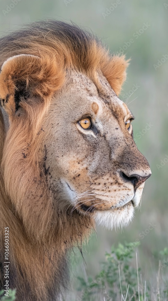 Obraz premium A proud lion surveys its surroundings as the sun sets over the vast African savannah, highlighting its regal features and stunning fur