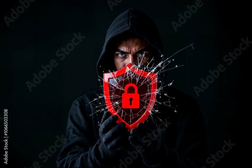 Minimalist Cybercrime threat concept with hacker breaking security shield photo