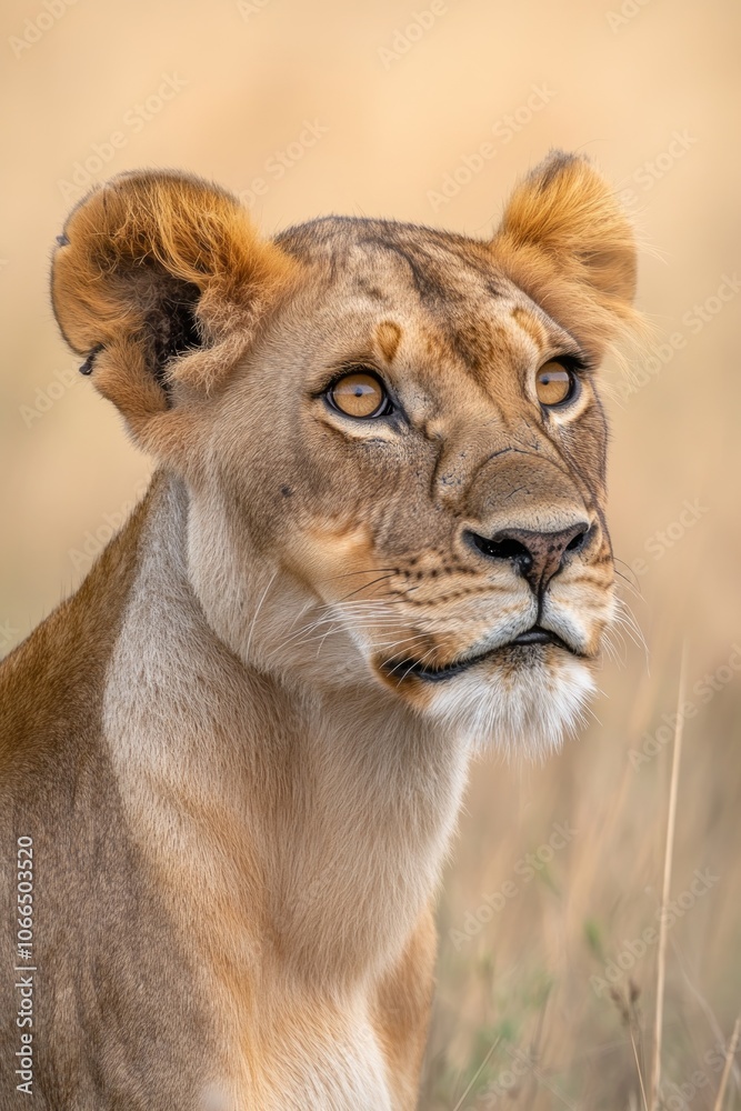 A lioness observes her surroundings with sharp focus as the sun begins to set, illuminating the tall grass of the savannah in a wildlife reserve A lioness observes her surroundings with sharp focus as the sun begins to set, illuminating the tall grass of the savannah in a wildlife reserve