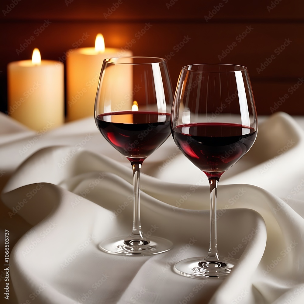 Two elegant wine glasses, adorned with delicate stems and slender bowls, sit intimately close on a crisp, white linen tablecloth, surrounded by the soft, golden glow of candlelight, against a warm