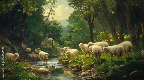 A serene landscape featuring sheep grazing near a tranquil stream, surrounded by lush greenery and sunlight filtering through trees.