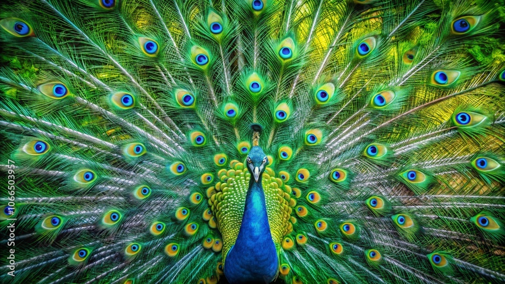 Fototapeta premium Captivating Drone Photography of a Peacock's Vibrant Tail Feathers in Nature's Splendor, Showcasing Stunning Colors and Patterns, Ideal for Wildlife and Nature Enthusiasts
