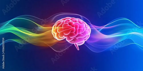 Glowing brain with colorful waves showing neural activity photo