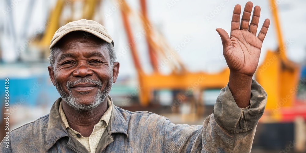 Smiling Black man in a cap waving at the camera at a construction site. Smiling Black man in a cap waving at the camera at a construction site.