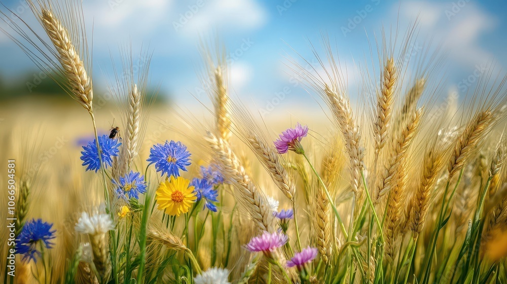 Obraz premium A vibrant scene of wildflowers and golden wheat under a blue sky, showcasing nature's beauty and tranquility.