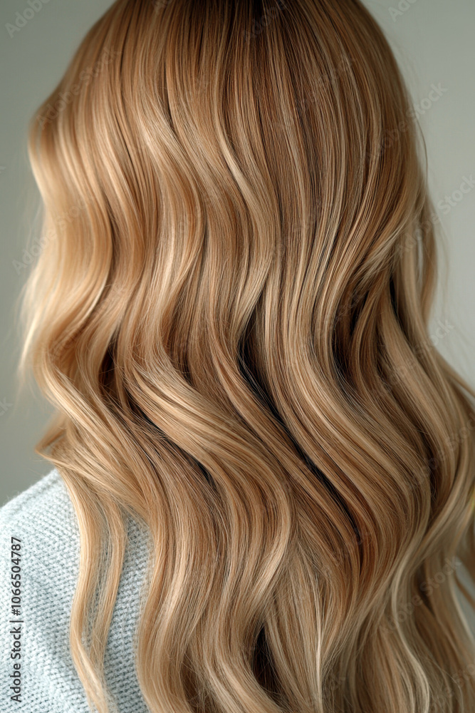 Fototapeta premium Close-up view of long wavy hair cascading down in soft light against a neutral background
