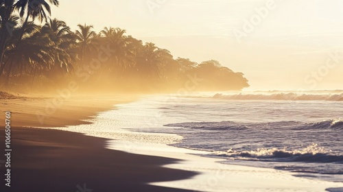 Tranquil Beach at Sunset with Silhouetted Palm Trees