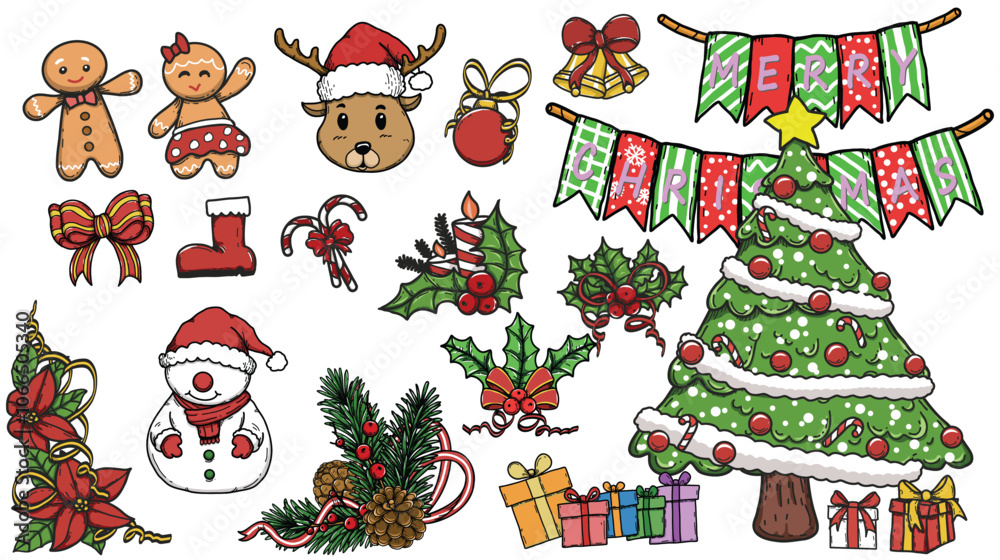 Fototapeta premium Hand drawn vector illustration of Christmas decorations.Christmas clip art on white background