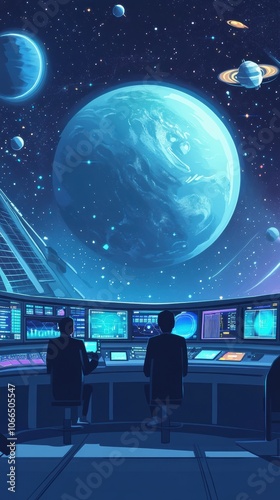 Fototapeta Naklejka Na Ścianę i Meble -  A bustling space mission control center filled with scientists and engineers monitoring live data from a space probe exploring a distant planet