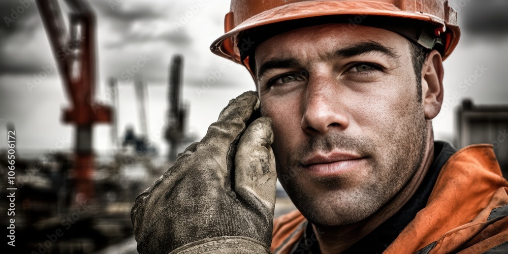 A focused male construction worker in an orange helmet and gloves at a worksite. A focused male construction worker in an orange helmet and gloves at a worksite.