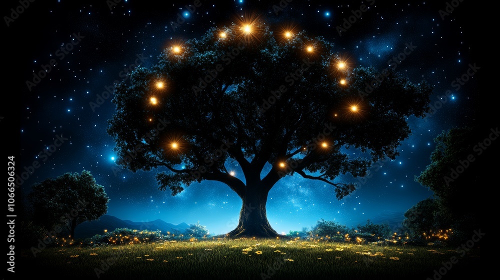 Magical Tree Silhouette with Glowing Lights under Starry Night Sky Magical Tree Silhouette with Glowing Lights under Starry Night Sky