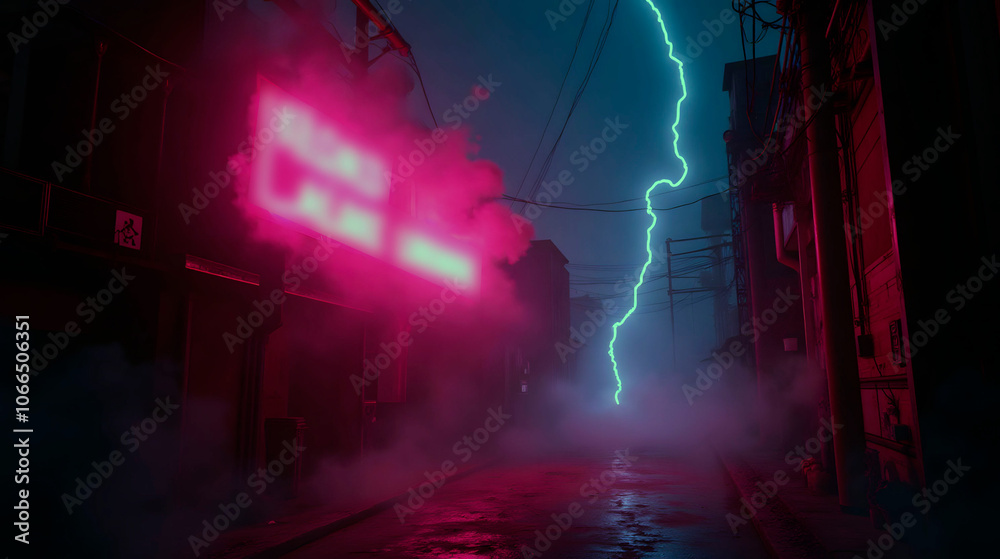 Fototapeta premium Cloud of electric smoke surrounding a neon sign in an urban alley setting at night