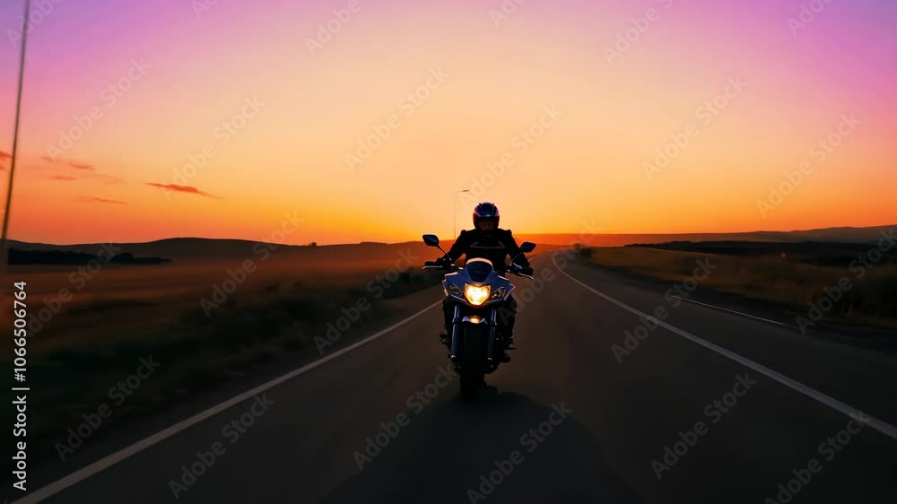 Front view of a motorcycle riding on a road during sunset. An escape from the hustle and bustle of the big city. Embracing the open road as the sun sets on the background.