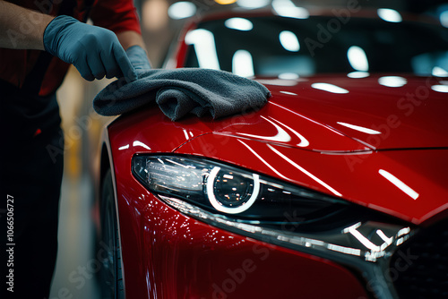 Man is polishing a red car. The car is shiny and clean. The man is wearing gloves and he is focused on his task