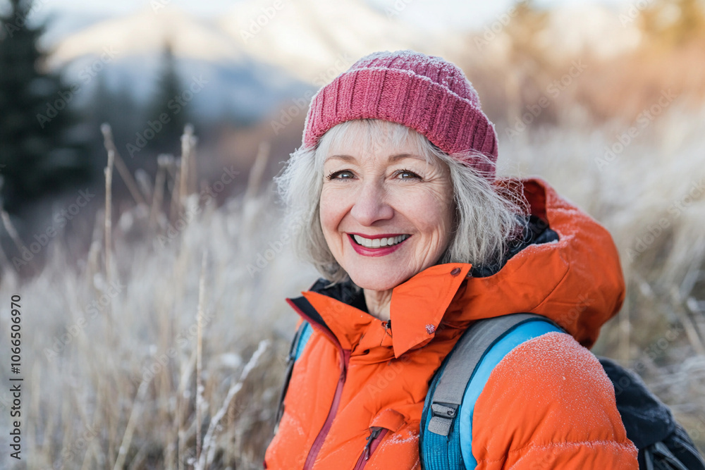 Smiling woman in orange jacket hiking in snowy mountains Smiling woman in orange jacket hiking in snowy mountains