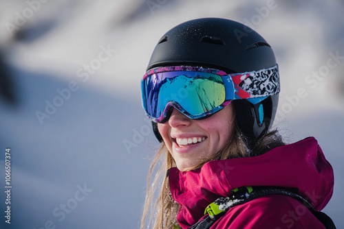 Smiling woman in winter gear enjoying skiing outdoors photo