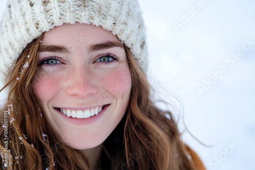 Woman with a white hat and red hair is smiling. She has a pinkish tint to her cheeks