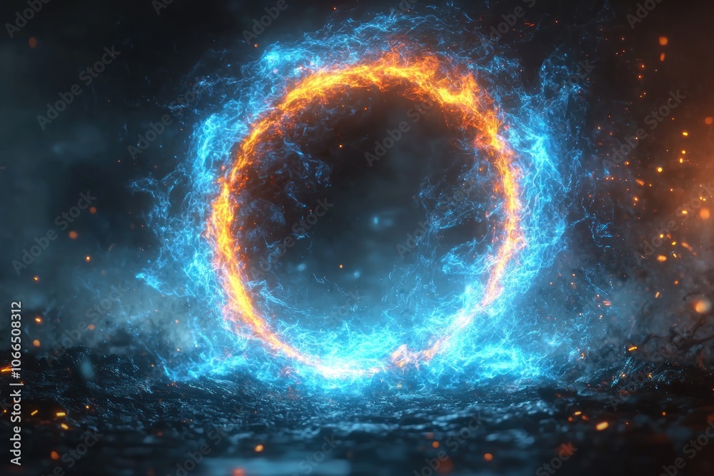 A Circular Vortex of Blue and Orange Flames on a Dark Background A Circular Vortex of Blue and Orange Flames on a Dark Background