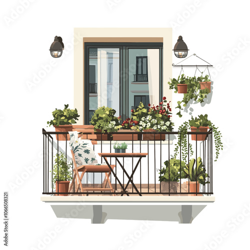 Balcony with flowers and plants isolated on white background. Vector illustration. 