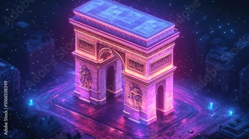 Fototapeta Naklejka Na Ścianę i Meble -  A futuristic, isometric rendering of the Arc de Triomphe in Paris, France, with neon lights and a starry sky.