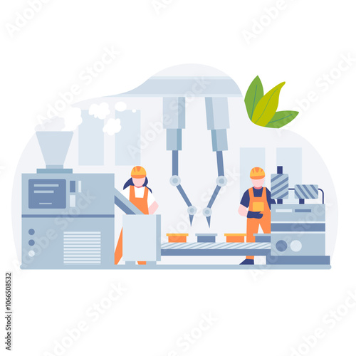 Factory workers and robotic arms work on machinery, showing modern industrial processes. Suitable for manufacturing or automationthemed projects.