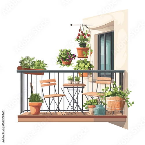 Balcony with plants. Vector illustration isolated on white background. 