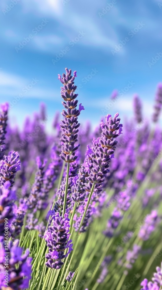 Obraz premium A close-up of lavender flowers in full bloom, with rows of purple flowers stretching into the distance under a bright blue sky