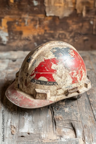 A weathered hard hat displaying a faded red logo sits atop a rustic wooden surface, showcasing its long history in an industrial environment photo