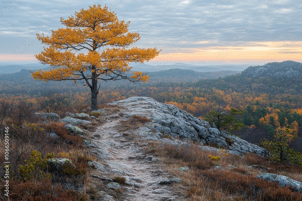 A Lone Yellow Tree on a Rocky Ridge Overlooking an Autumnal Forest A Lone Yellow Tree on a Rocky Ridge Overlooking an Autumnal Forest