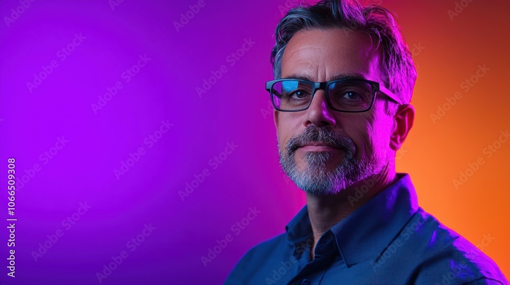 A professional studio portrait of a man with a color gradient background, emphasizing his attire A professional studio portrait of a man with a color gradient background, emphasizing his attire