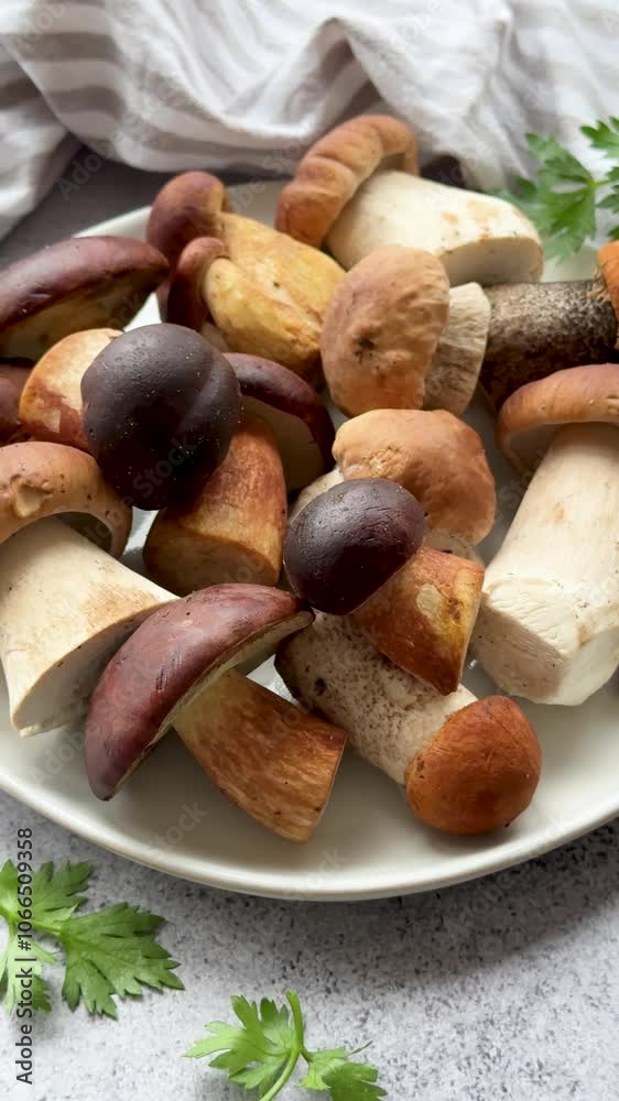 Assorted fresh mushrooms and herbs Assorted fresh mushrooms and herbs