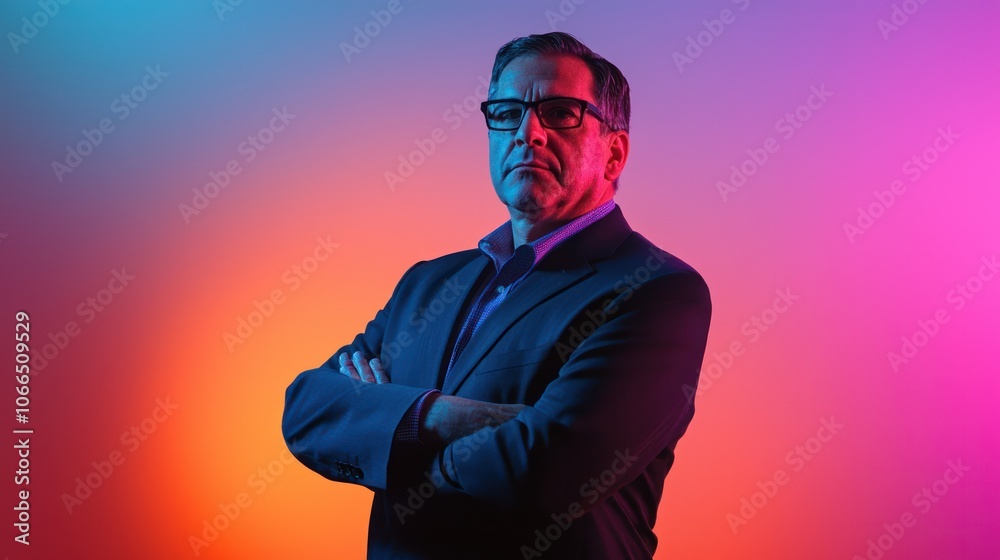A professional studio portrait of a man with a color gradient background, emphasizing his attire A professional studio portrait of a man with a color gradient background, emphasizing his attire
