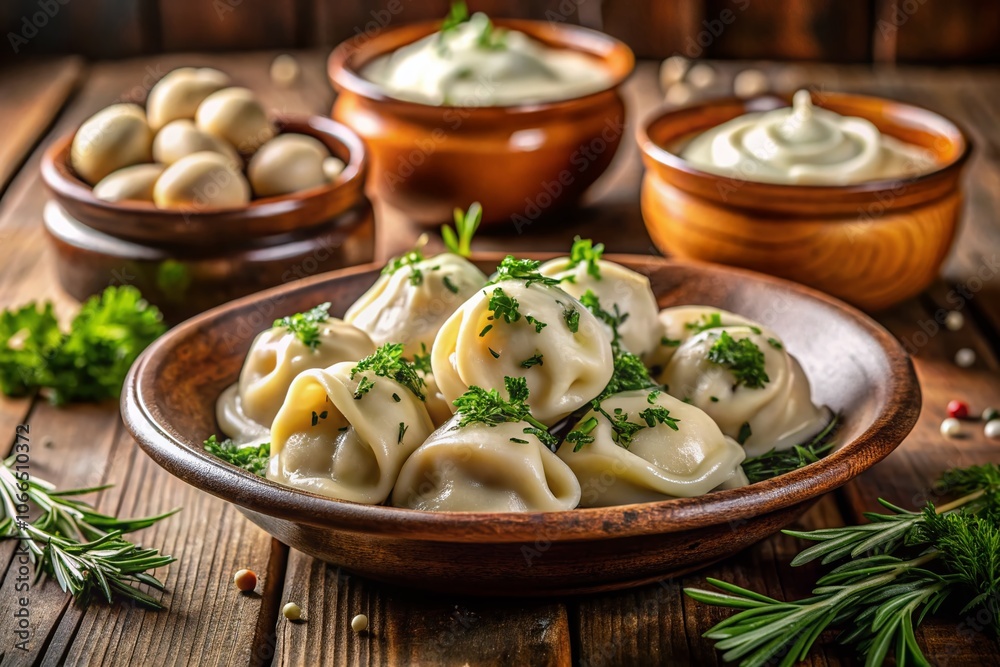 Close-Up of Authentic Russian Pelmeni with Creamy Sour Cream and Fresh Dill - Traditional Dumplings Dish, Culinary Delight, Comfort Food, Eastern European Cuisine Close-Up of Authentic Russian Pelmeni with Creamy Sour Cream and Fresh Dill - Traditional Dumplings Dish, Culinary Delight, Comfort Food, Eastern European Cuisine