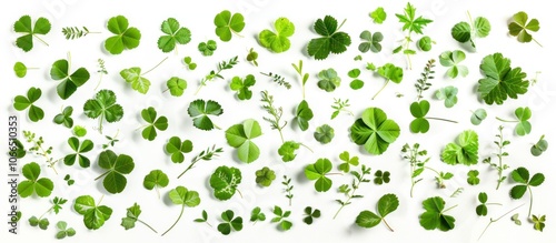 Collection of fresh green shamrocks isolated on white background.