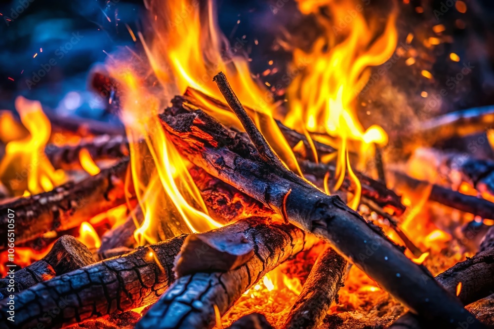 Close-Up of Campfire Flames and Glowing Embers with High Depth of Field for Cozy Outdoor Scenes and Warmth in Nature Photography Close-Up of Campfire Flames and Glowing Embers with High Depth of Field for Cozy Outdoor Scenes and Warmth in Nature Photography