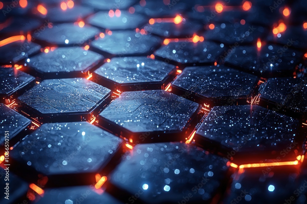 Illuminated Hexagonal Grid with Orange and Blue Glow Illuminated Hexagonal Grid with Orange and Blue Glow